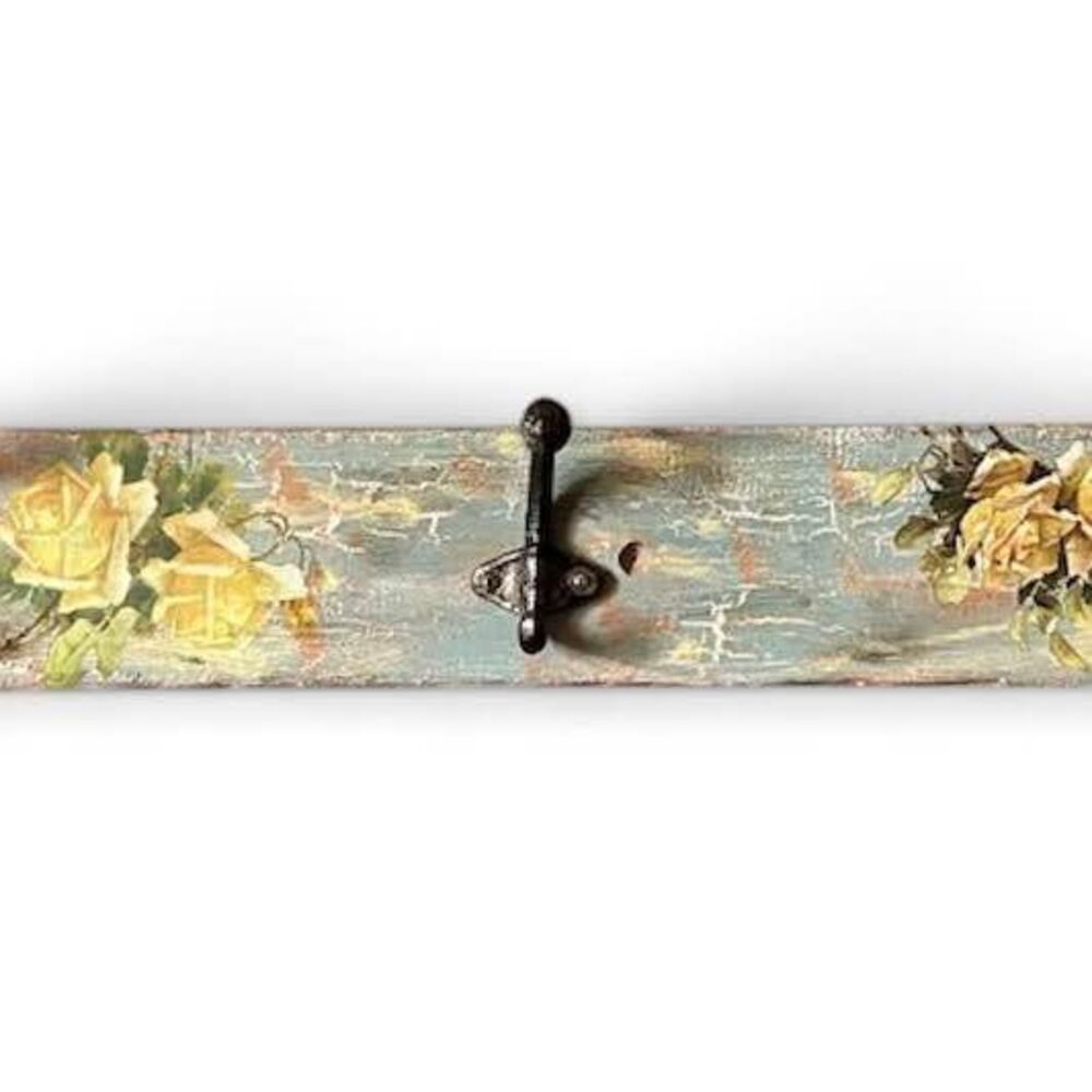 Distressed Floral Wooden 5-Hook Wall Coat Rack Organizer
